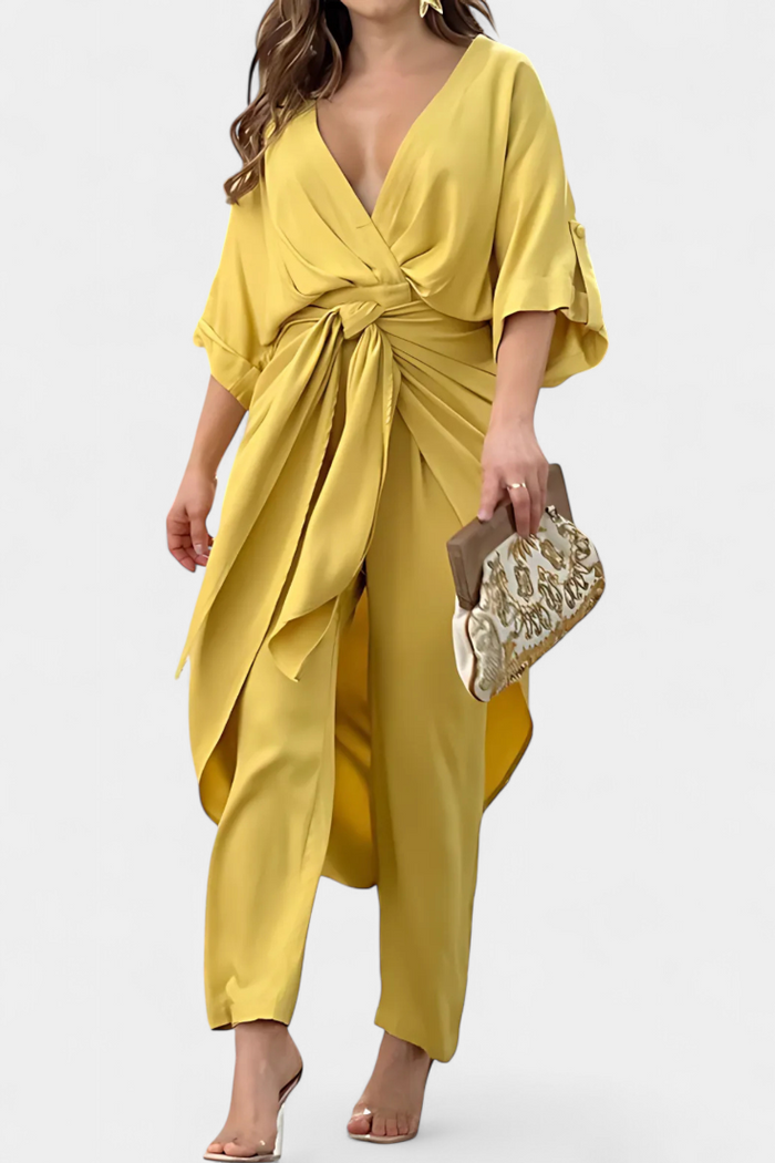 Mayleen Conjunto Cruzado con Lazo Frontal y Pantalón Recto en color Amarillo