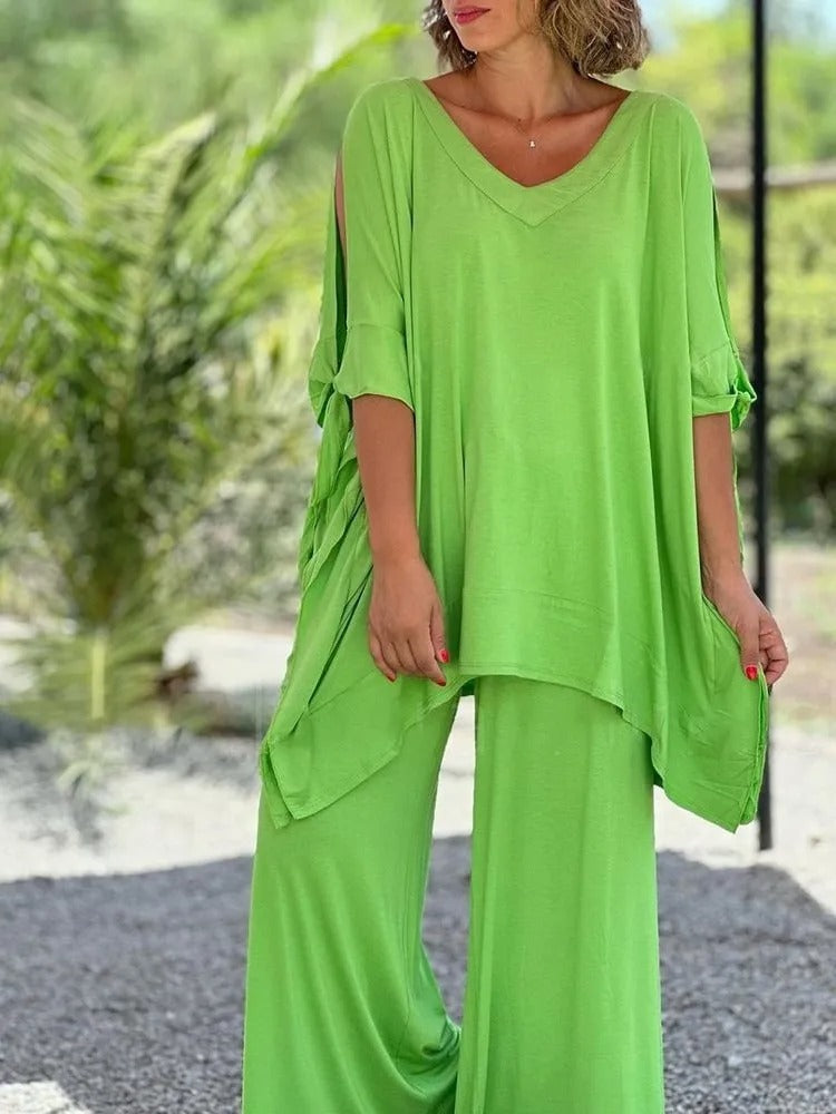 Úrsula | Conjunto de túnica con hombros descubiertos y pantalón en color Azul