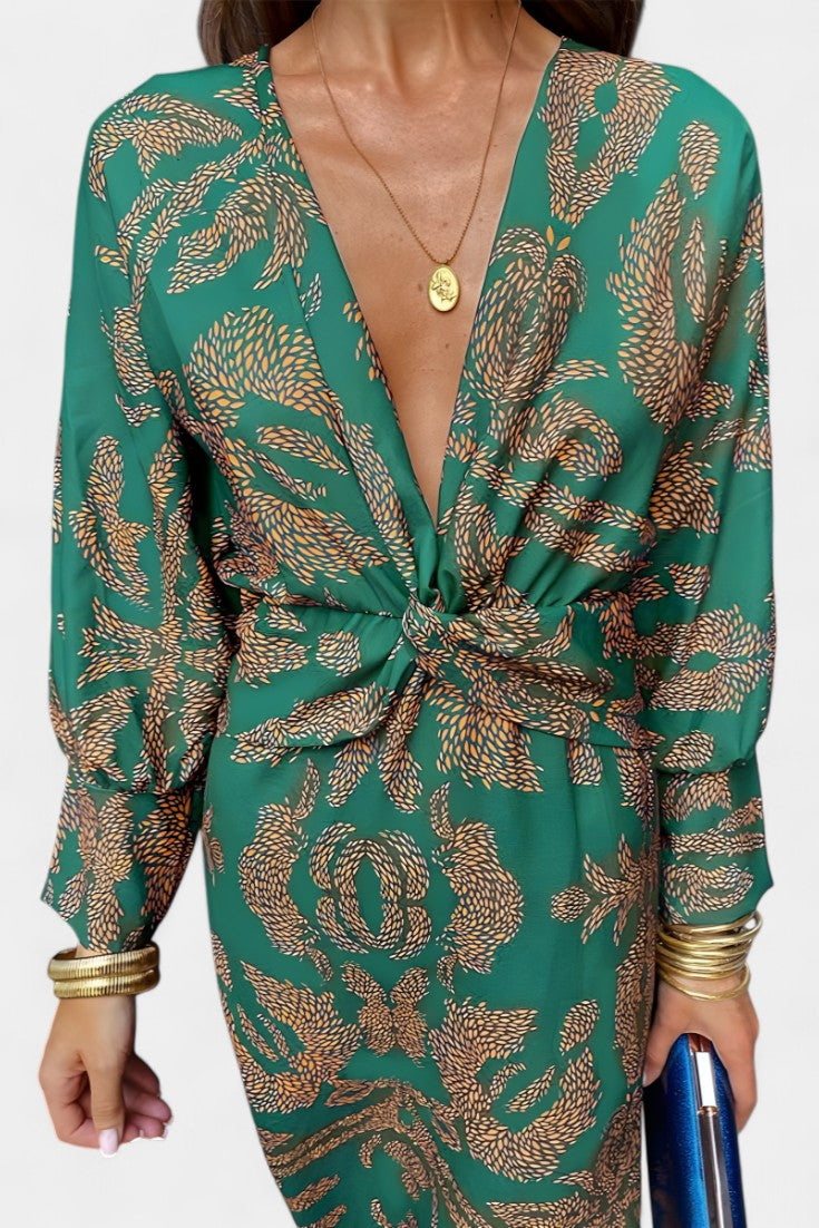 Elara Vestido Maxi con Escote en V y Nudo Frontal en color Púrpura