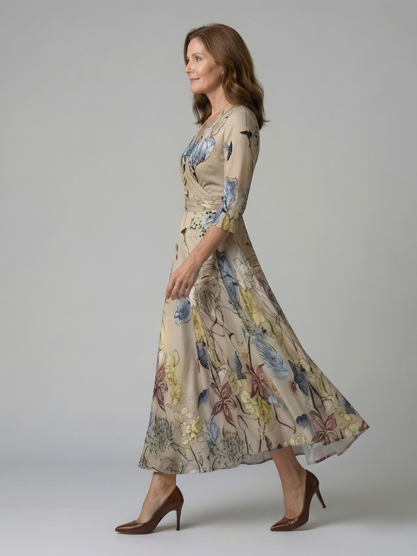 Celeste | Vestido Midi Floral con Escote Cruzado y Manga Tres Cuartos en color Beige