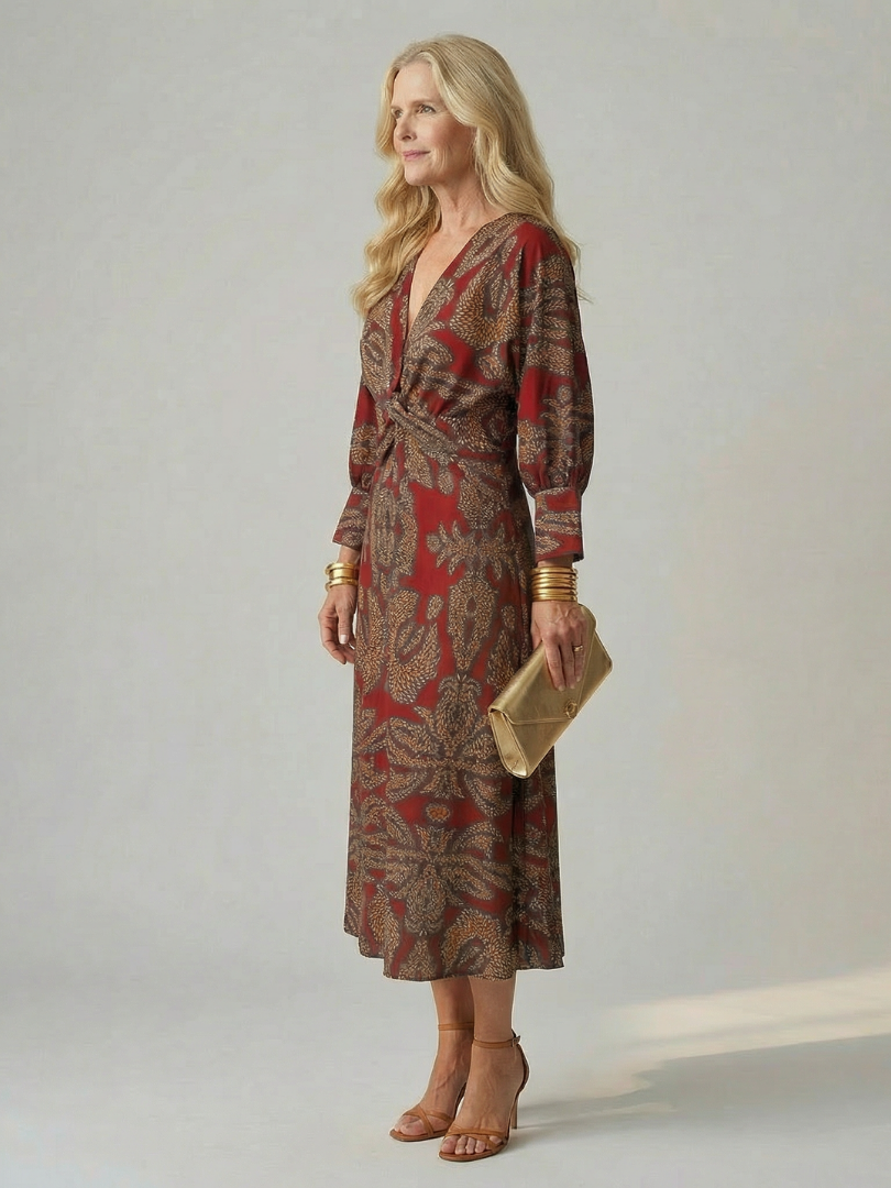 Luna | Vestido Midi Cruzado de Manga Larga con Estampado Natural en color Azul
