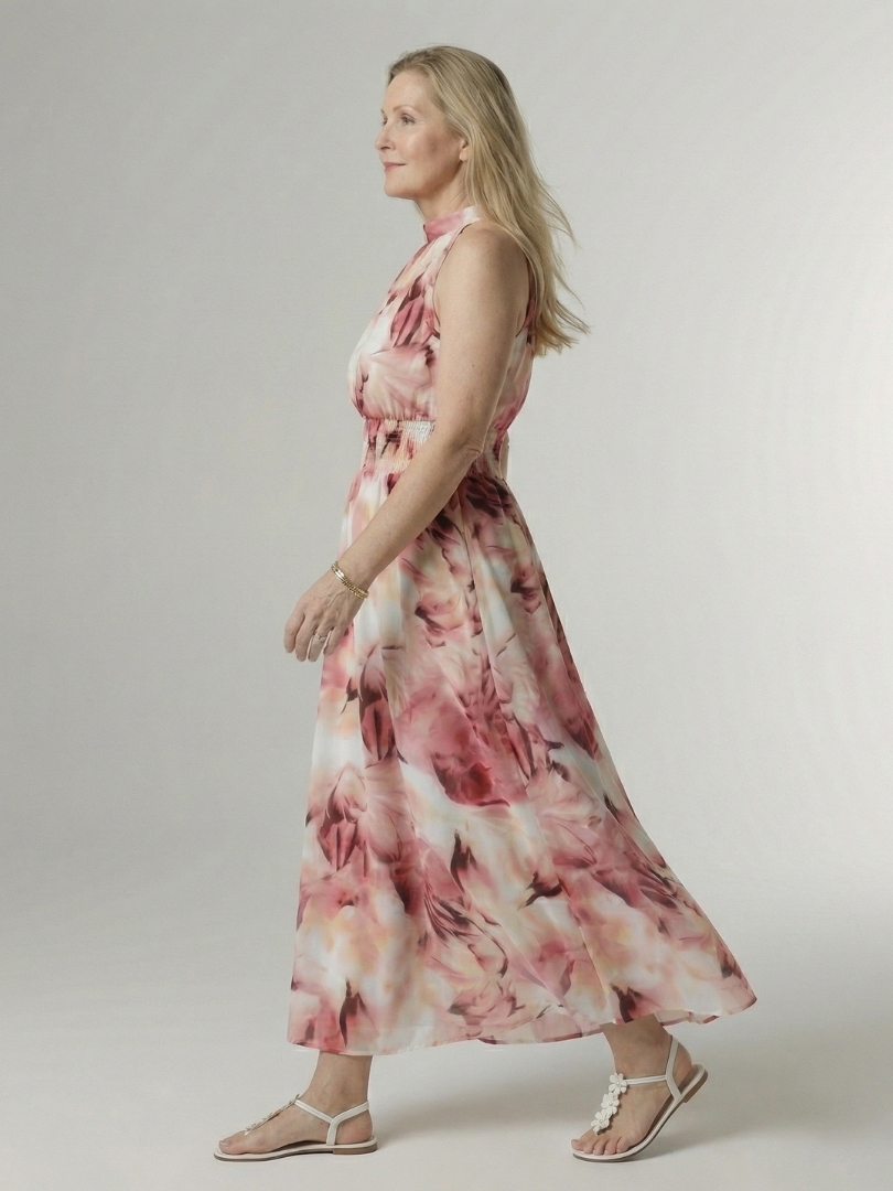 Silvana | Vestido Midi Halter con Cintura Fruncida en color Rosa