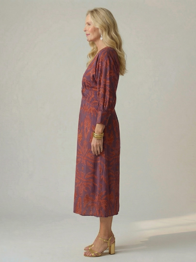 Luna | Vestido Midi Cruzado de Manga Larga con Estampado Natural en color Azul