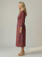 Luna | Vestido Midi Cruzado de Manga Larga con Estampado Natural en color Azul