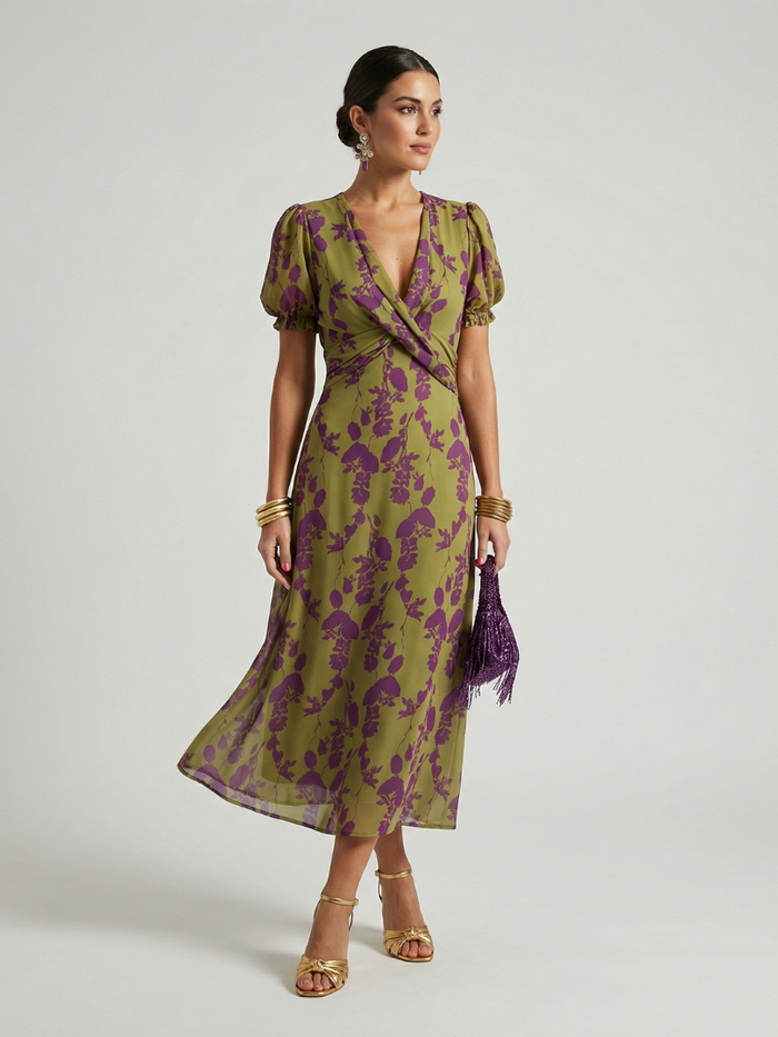 Virena | Vestido Midi Floral Cruzado de Manga Corta en color Estampado Floral