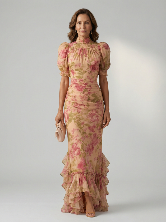 Viviana | Vestido Maxi Floral con Cuello Alto y Manga Abullonada en color Estampado Floral