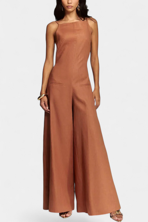 Belén Mono Halter de Pierna Ancha con Caída Radiante en color Marrón