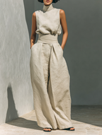 Venancia | Conjunto Minimalista Top y Pantalón Ancho en color Beige