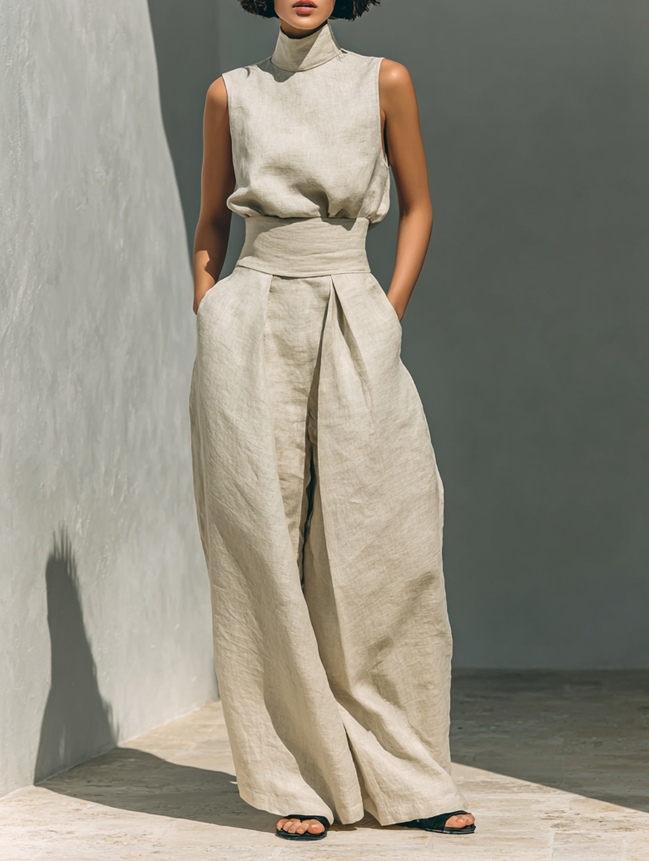Venancia | Conjunto Minimalista Top y Pantalón Ancho en color Beige