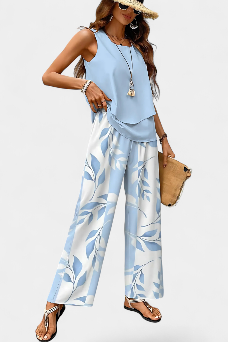Martina Conjunto Boho Elegante Sin Mangas con Pantalón Recto Estampado en color Azul Claro