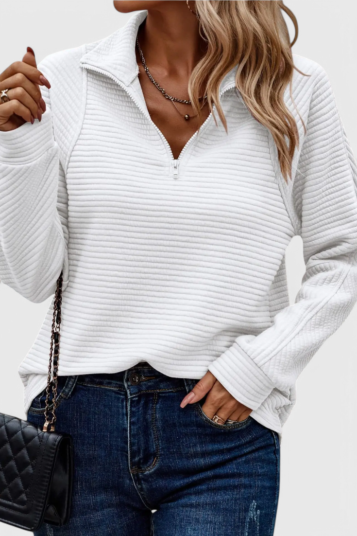 Helene | Jersey de Cuello en V con Cremallera y Manga Larga en color Blanco
