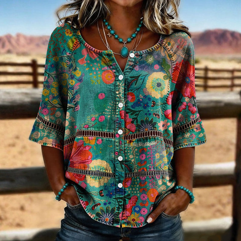 Milagros | Camisa Vintage Floral Multicolor de Manga Tres Cuartos en color Multicolor