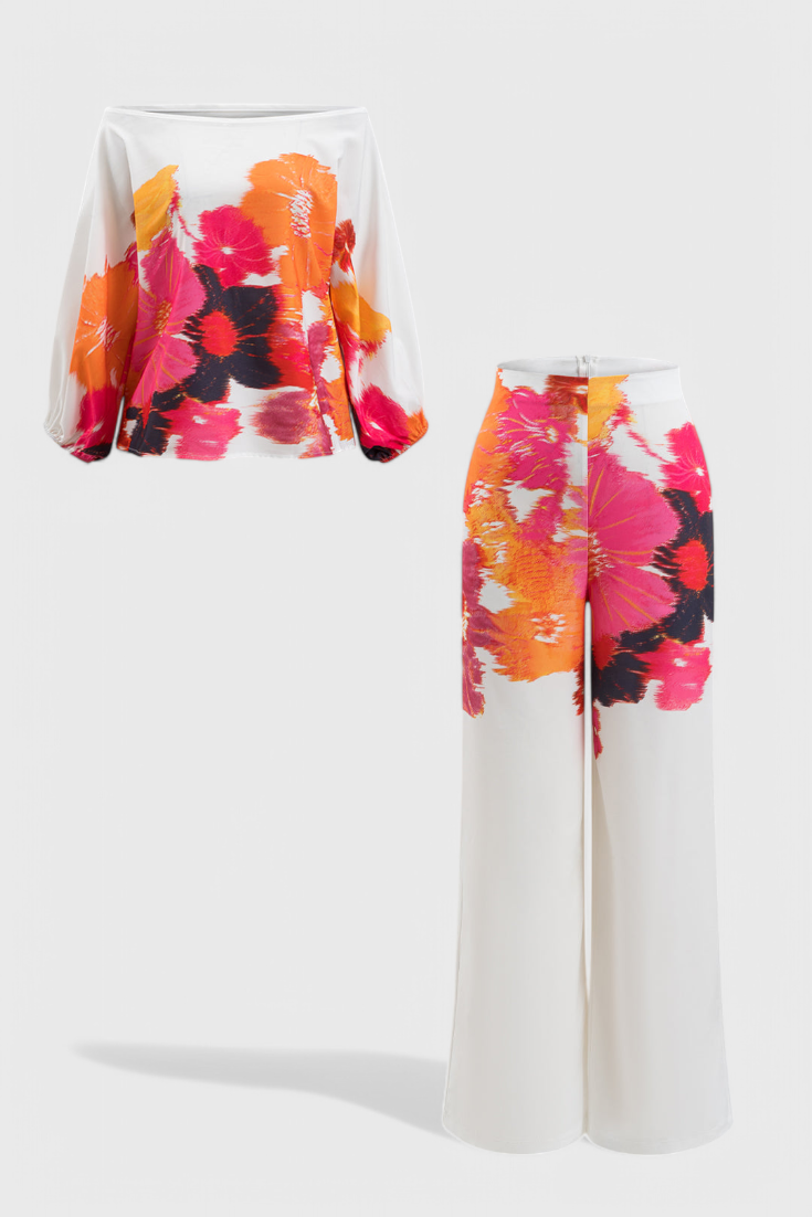 Sybella Conjunto de Dos Piezas con Hombros Descubiertos y Pantalones Amplios Estampados en color Flores