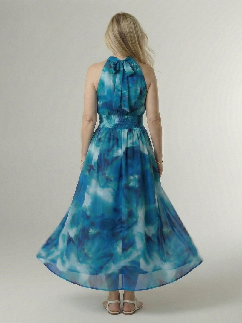 Silvana | Vestido Midi Halter con Cintura Fruncida en color Azul