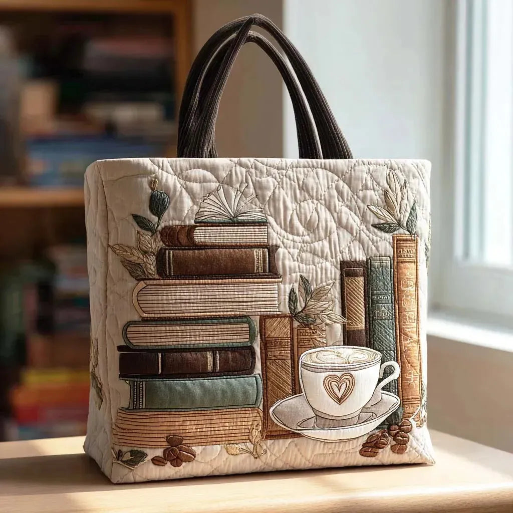 Dolores | Bolso Tote Artesanal con Estampado de Libros y Café