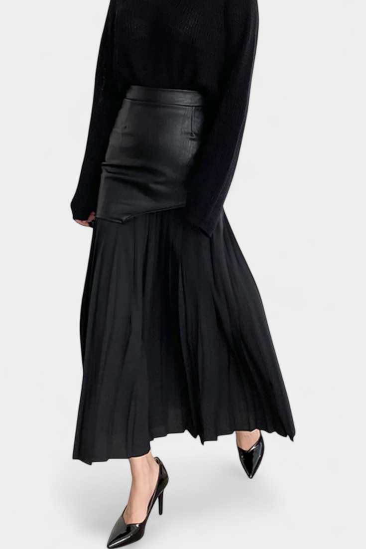 Noelle Falda Maxi Asimétrica de Chifón y Cuero Sintético en color Negro
