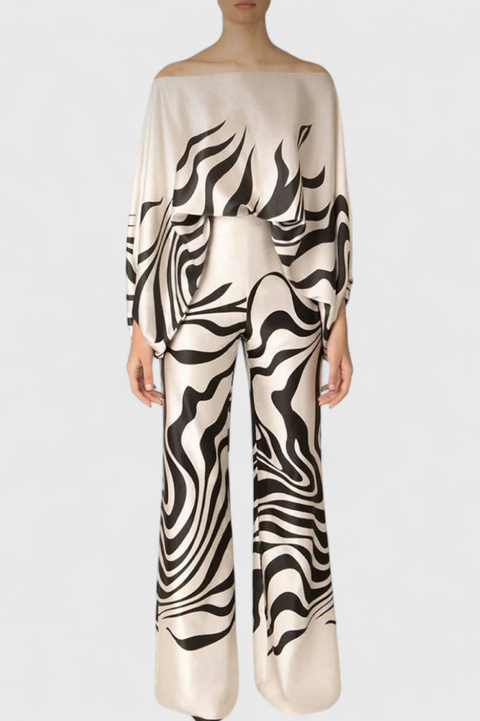 Sybella Conjunto de Dos Piezas con Hombros Descubiertos y Pantalones Amplios Estampados en color Cebra