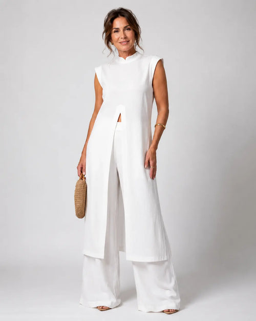 Benigna | Conjunto Blanco Túnica Volante y Pantalón en color Blanco