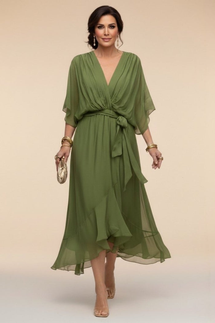 MARTA | VESTIDO DE CHIFFON CON ESCOTE EN V en color Verde