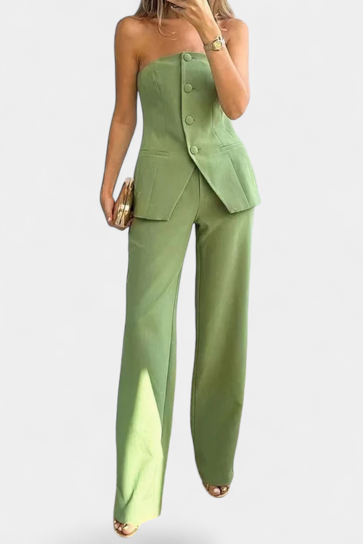 Ekaterina Conjunto de Top Tubo y Pantalón de Pierna Ancha con Estilo Minimalista en color Verde