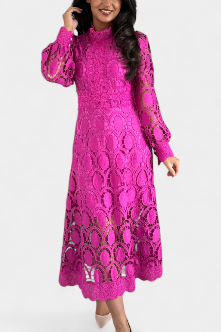 Jovie Vestido Midi de Encaje Bordado con Cuello Alto en color Rosa