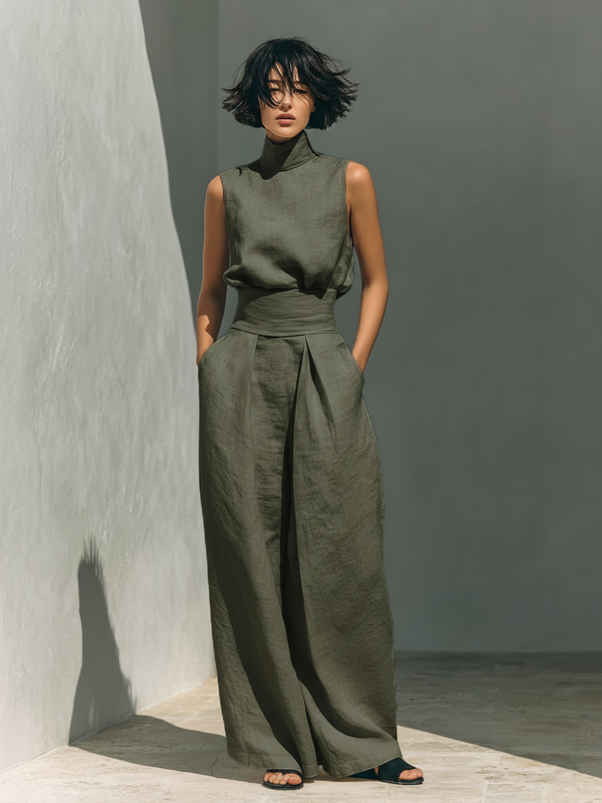 Venancia | Conjunto Minimalista Top y Pantalón Ancho en color Beige