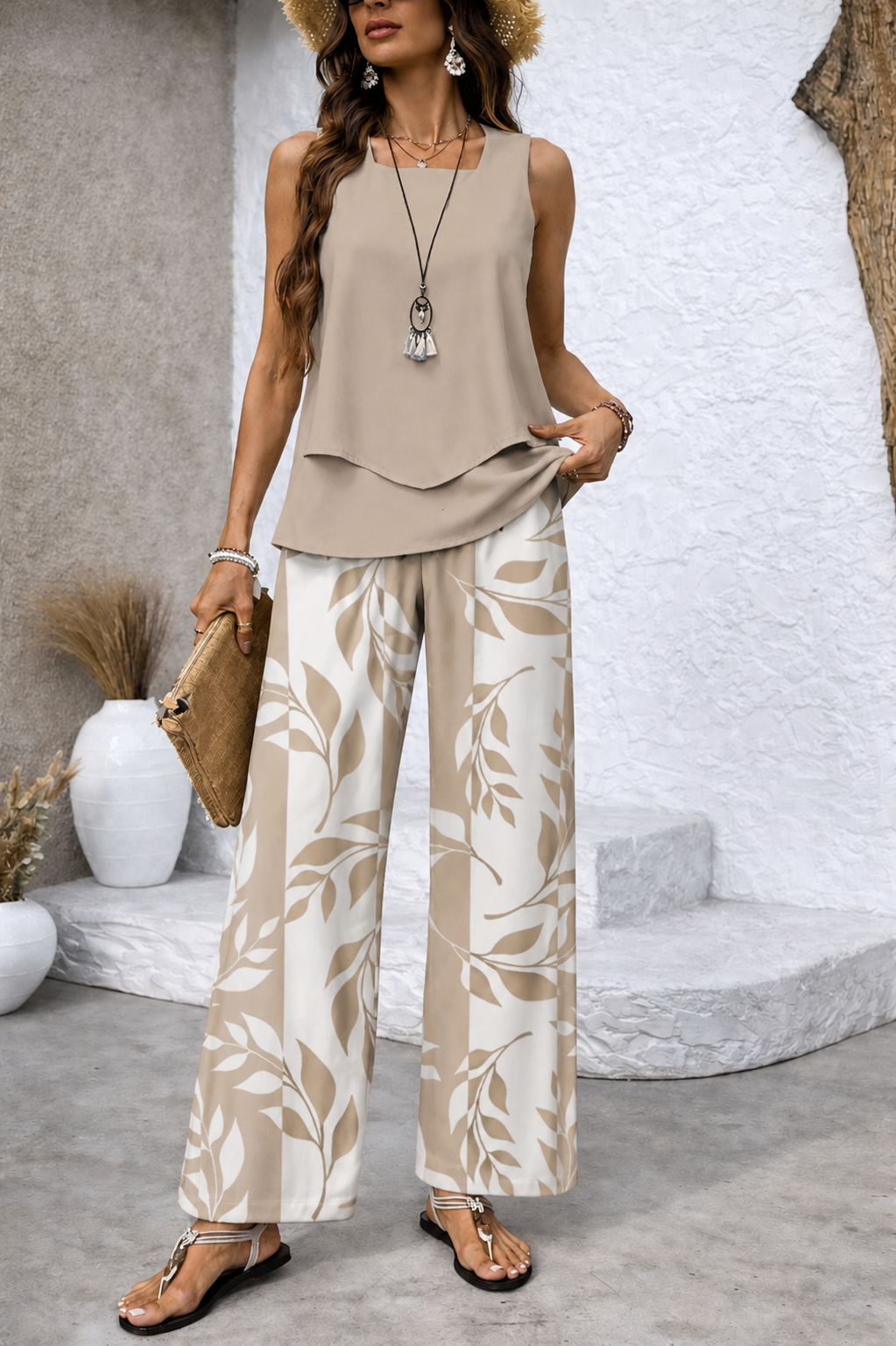 Ernestina | Conjunto Natural Blusa Beige y Pantalón Botánico