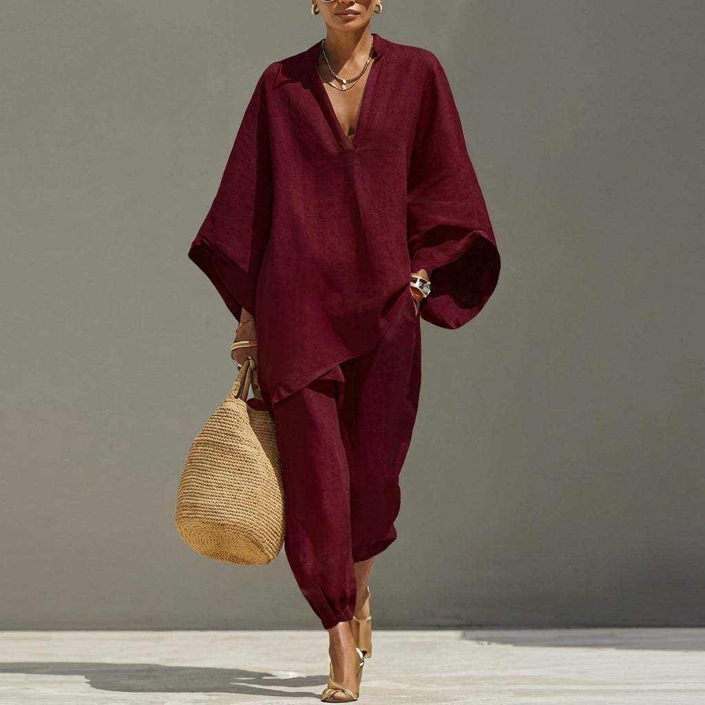 Marina | Conjunto Casual de Dos Piezas con Cuello en V para Mujer en color Beige
