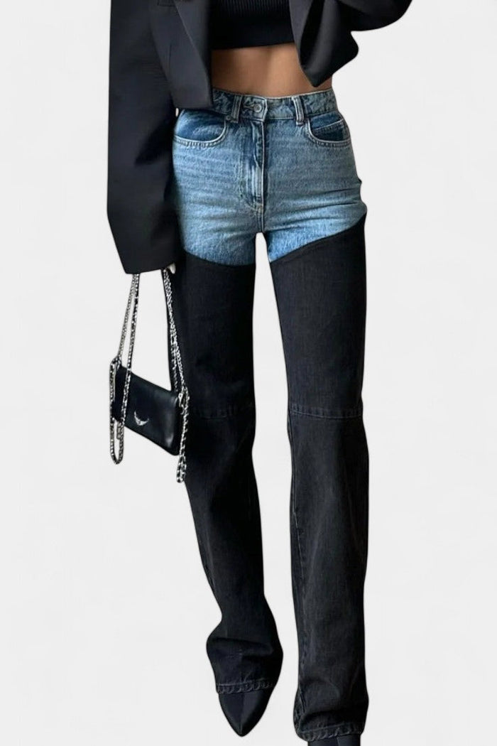 Mijie Jeans de tiro alto con patchwork y pierna recta en color Azul-Negro