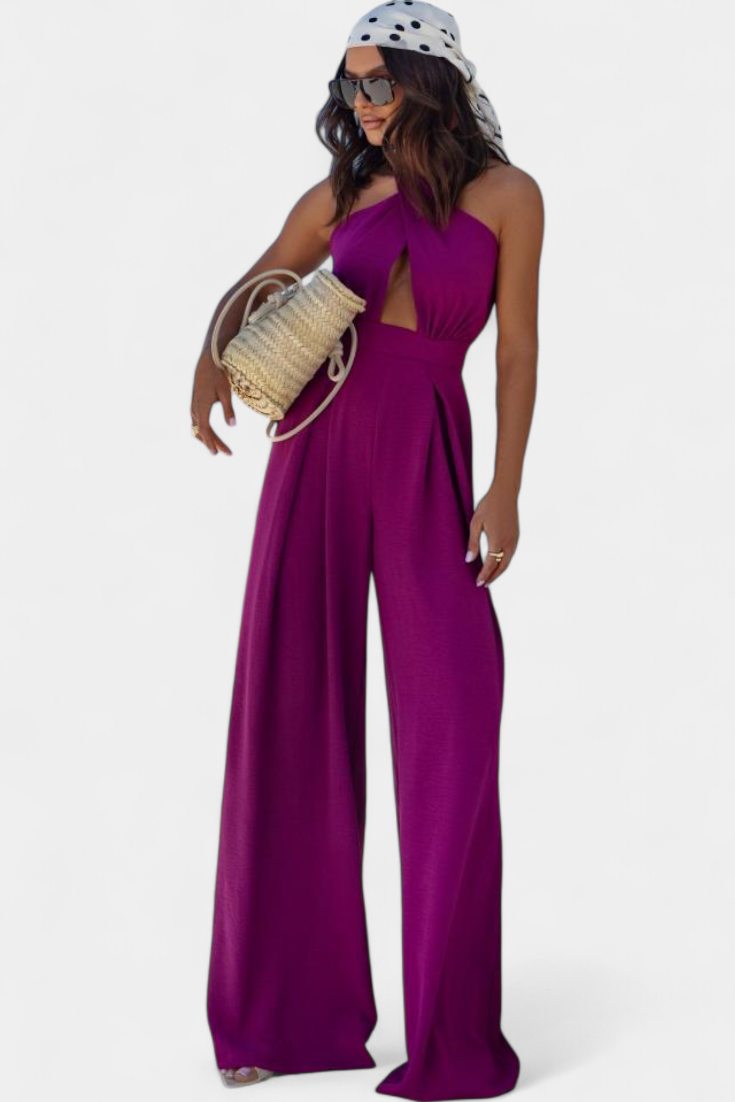 Jessica Mono Halter Cruzado sin Espalda y Pierna Ancha en color Morado