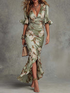 Isabela | Vestido Largo Floral en Satén con Escote en V y Manga Volante en color Verde Salvia