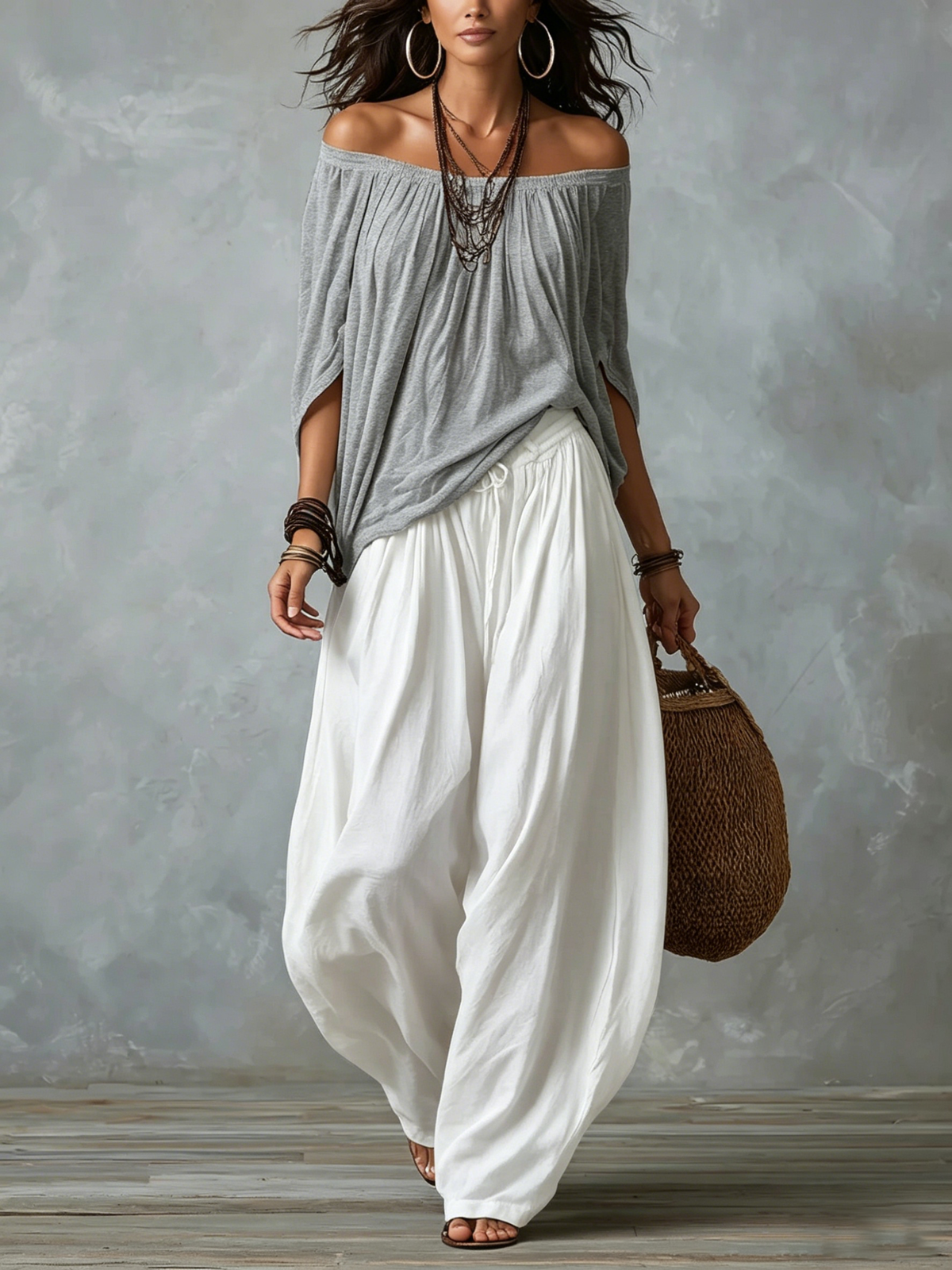 Isabela | Conjunto Boho con Hombros Descubiertos en color Blanco/Gris