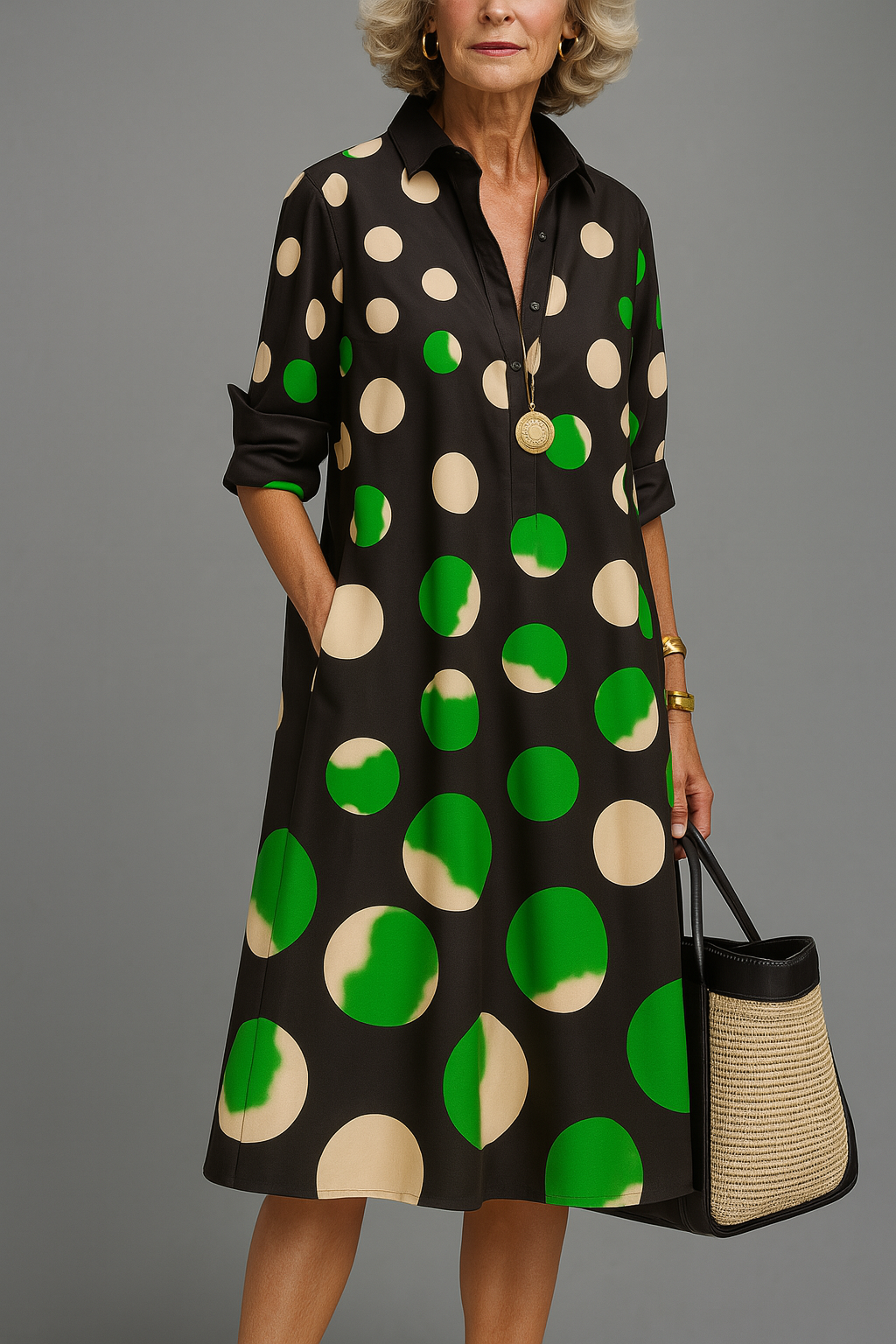 Sagrario | Vestido Midi Negro con Lunares Verdes en color Negro
