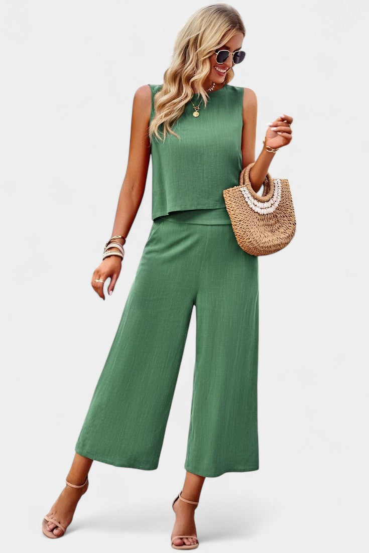 Lavinia Conjunto Boho de Top y pantalón corto en Lino y Algodón en color Verde