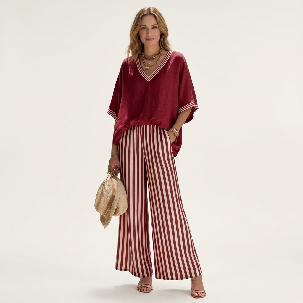 Julieta | Conjunto de Top con Ribete y Pantalón de Rayas en color Rojo