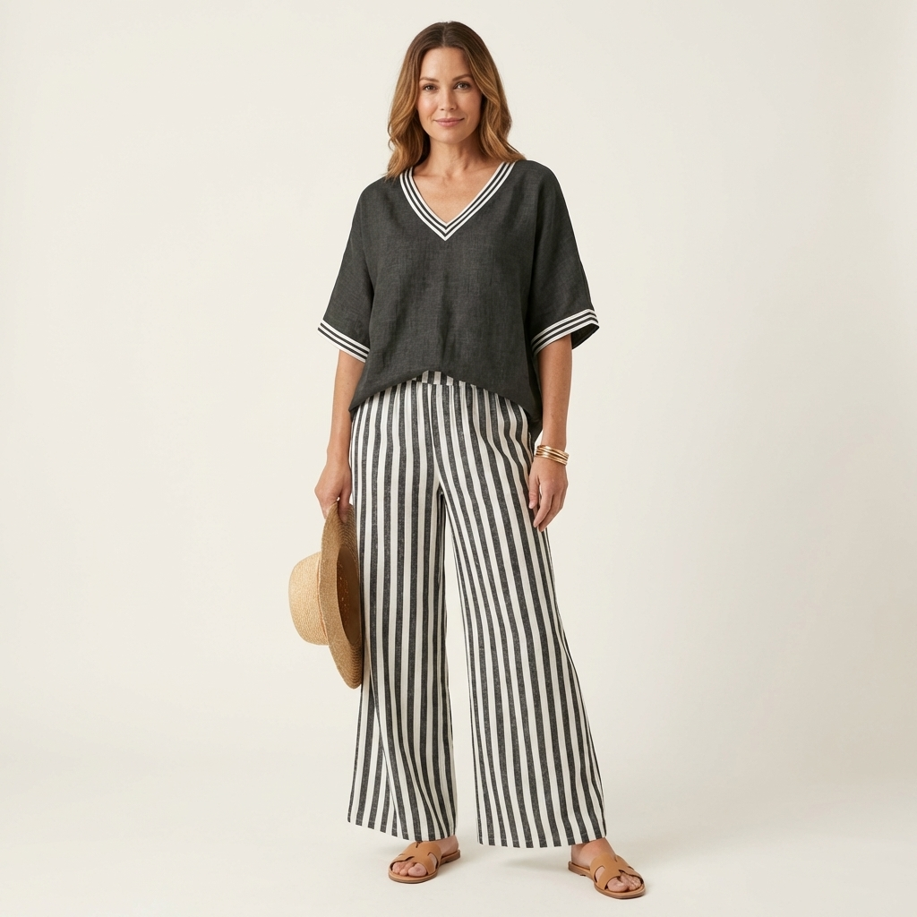 Julieta | Conjunto de Top con Ribete y Pantalón de Rayas en color Rojo