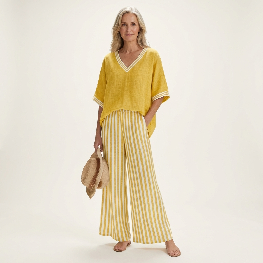 Julieta | Conjunto de Top con Ribete y Pantalón de Rayas en color Azul