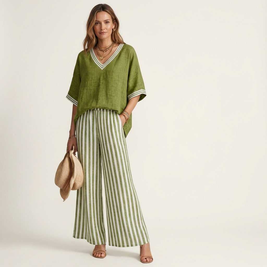 Julieta | Conjunto de Top con Ribete y Pantalón de Rayas en color Azul