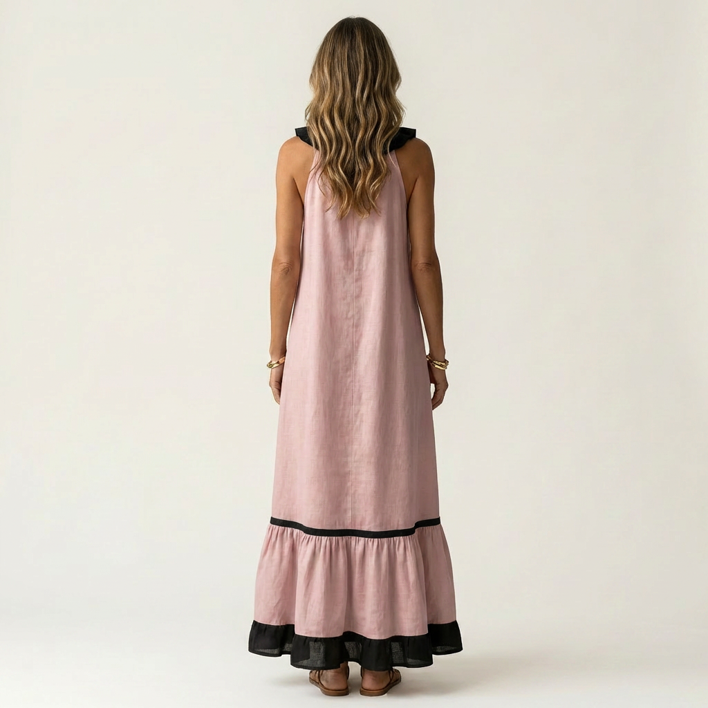 Clotilde | Vestido Largo con Volante y Ribete en Contraste en color Beige