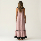 Clotilde | Vestido Largo con Volante y Ribete en Contraste en color Beige