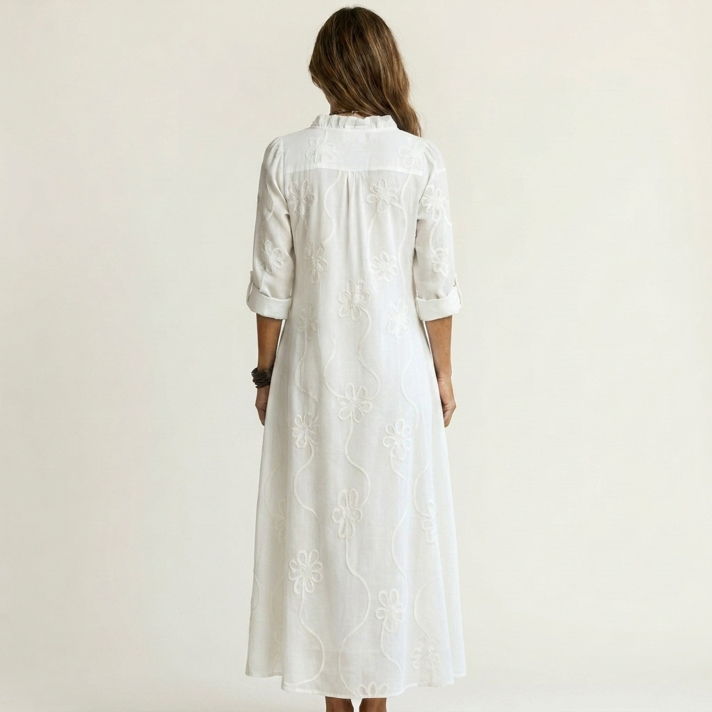 Sabina | Vestido Largo de Lino con Bordado Floral en color Blanco