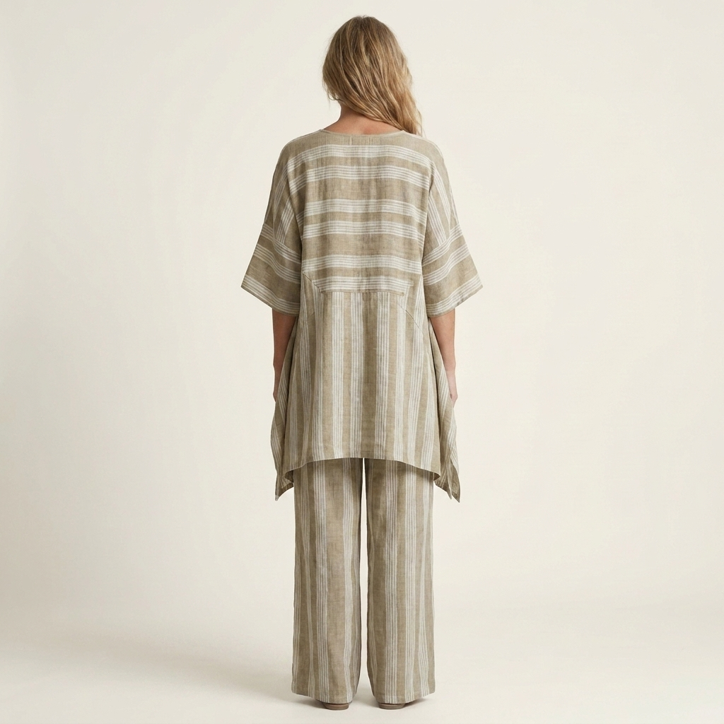 Clara | Conjunto de Lino a Rayas de Dos Piezas en color Caqui