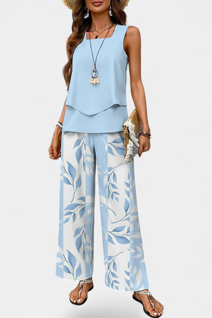 Martina Conjunto Boho Elegante Sin Mangas con Pantalón Recto Estampado en color Azul Claro