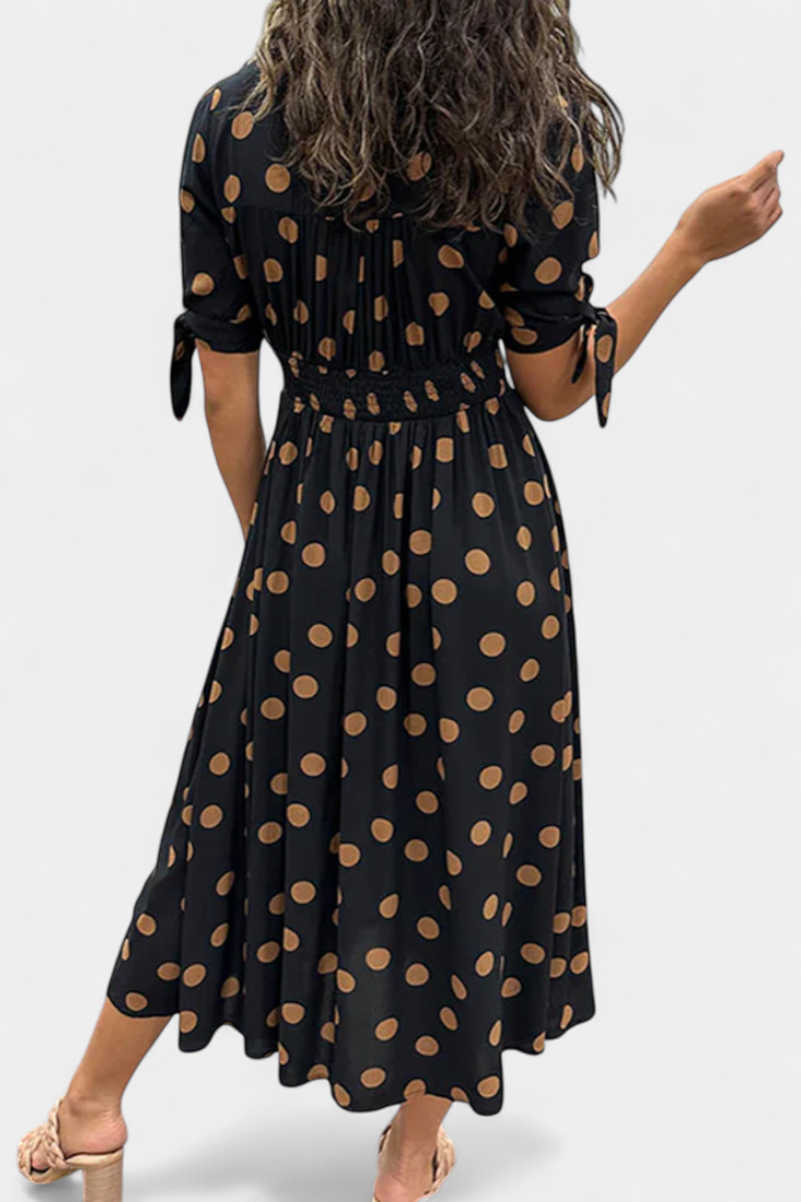 Lizzie Vestido Midi de Lunares con Escote en V Profundo en color Negro