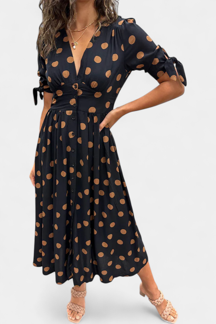 Lizzie Vestido Midi de Lunares con Escote en V Profundo en color Negro