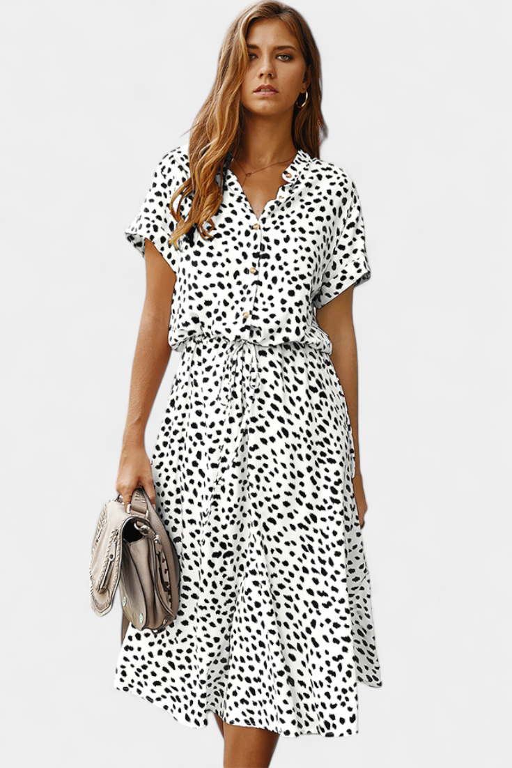 Rovena Vestido Midi de Lunares con Cuello Camisero y Cintura Ajustable en color Beige