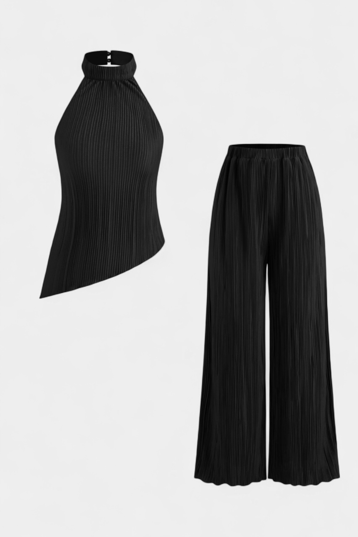 Pilarica Conjunto Plisado con Top Asimétrico Halter y Pantalón Fluido en color Negro