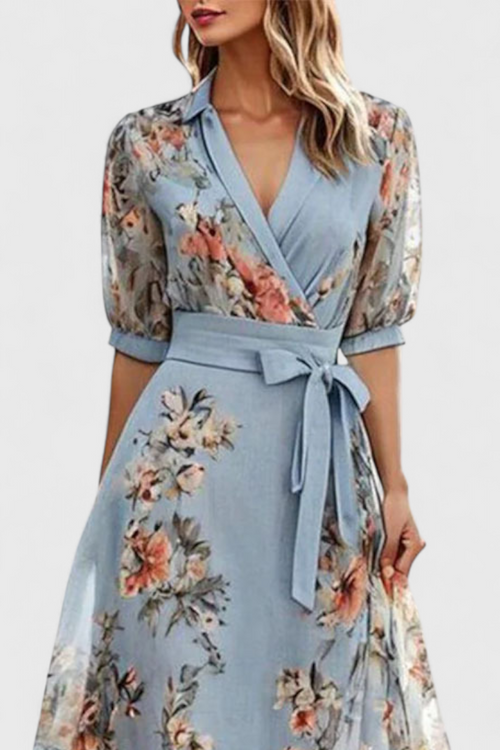 Arlet Vestido Midi Floral con Escote en V y Silueta Femenina en color Azul