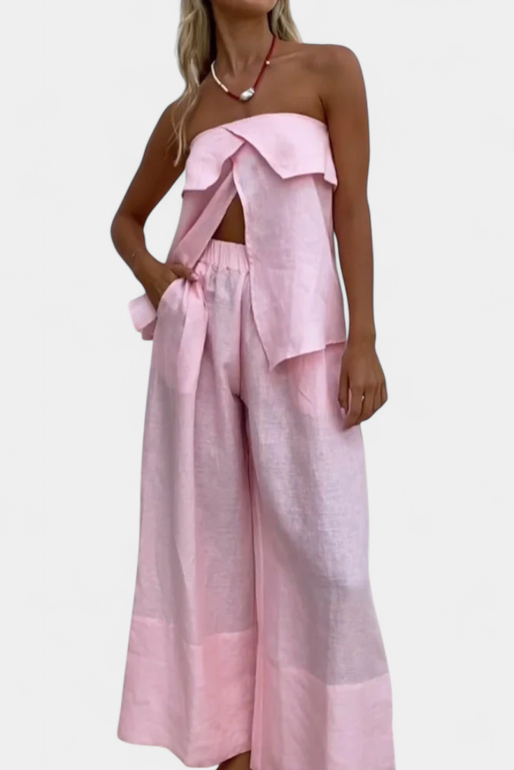 Oriana Conjunto Strapless con Falda de Abertura en Color Liso en color Rosa