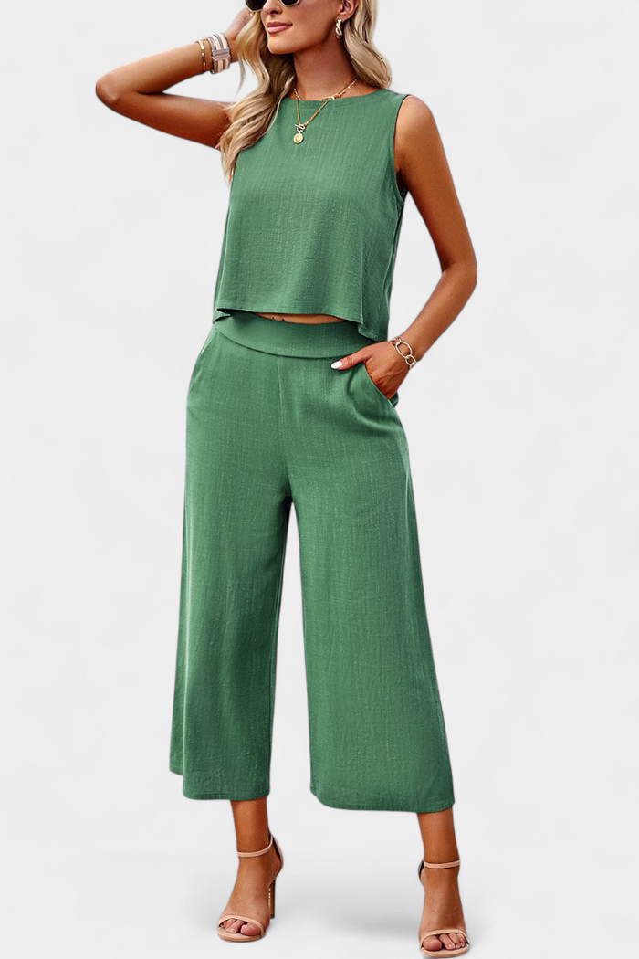 Lavinia Conjunto Boho de Top y pantalón corto en Lino y Algodón en color Verde